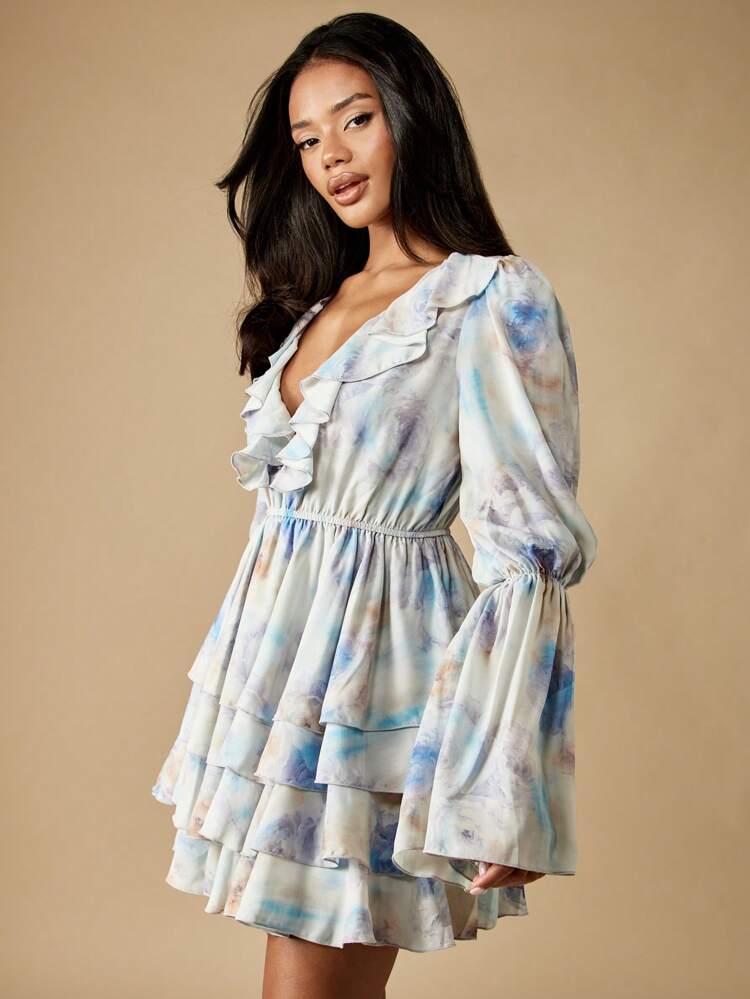MISSGUIDED Watercolor Print Long Sleeve Mini Dress Ruffle Tiers Plunge V Neck Party Dress Wedding Guest Cloud Pastel Puff Sleeve Spring Summer Dress