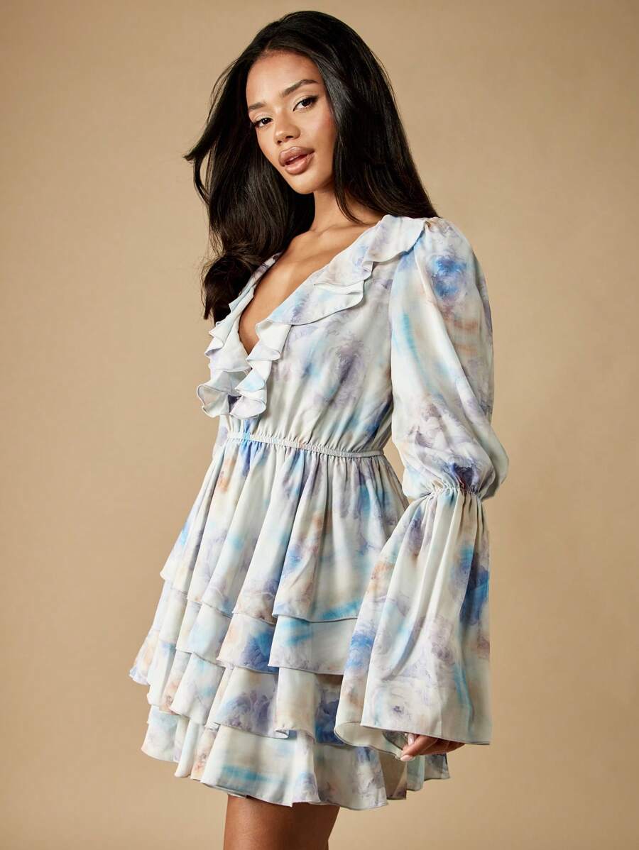 MISSGUIDED Watercolor Print Long Sleeve Mini Dress Ruffle Tiers Plunge V Neck Party Dress Wedding Guest Cloud Pastel Puff Sleeve Spring Summer Dress,
