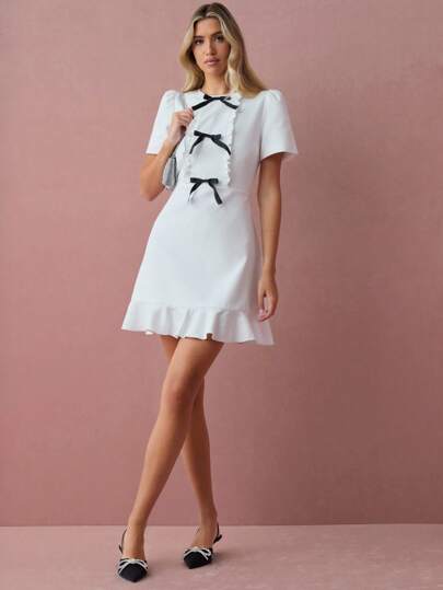 Enchnt Fall/Winter Romantic Women's White Fashionable Elegant French Bow Frill Trim Mini Dress,Sweet&Elegant&Fashionable For Vacation&Date&Holiday&Birthday&Party&Graduation&Wedding Guest&Office&Going Out,Back To School,Fall Dress For Women,Autumn Clothes