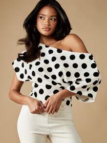 MISSGUIDED Polka Dot Print One Shoulder Puff Sleeve Blouse Elegant Evening Party Top Classic Black White Office Wear Feminine Fashion - Black and White - View 5