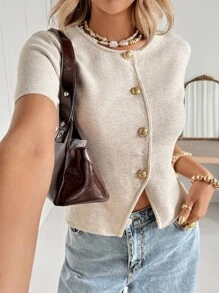 Siren Gaze 女士纯色休闲短袖薄款开衫，秋季女装，返校季，教师装，商务休闲女装，女士纯色V领纽扣装饰优雅时尚马甲，商务休闲女装通勤简约气质办公室夏季马甲杏色优雅外出上衣，上学上衣，秋季女装休闲装 - 杏色 - 查看 5