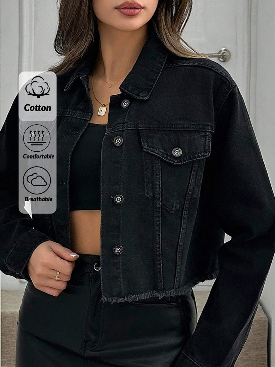 EURMUSE Women's Front Button Long Sleeve Pocket Simple Jacket, Casual Daily Wear - Black - View 1