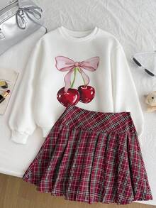 Tween Girls Hoodie & Sweatshirt Co-Ords, Cherry Bow Cute Pattern Sweatshirt, Plaid Red Pleated Mini Skirt Cherry Print Sweatshirt Plaid Skirt 2 Piece Skirt Set Teen Girl Clothes Back To School Outfit Two Piece Kids Set Skirt Plaid Teen School Clothes 2 Piece Set Cherry Girls Clothes Young Girl Summer Plaid Skirts Bow Knot Set Back To School 2 Piece Set/Activities/Autumn/Winter/Halloween,Glowmode,Fall,Christmas/Holiday/Festival/Winter - Red and White - View 8
