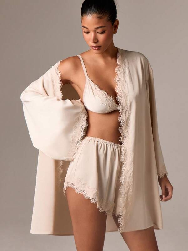 AiiRZ 奢华缎面睡衣套装三件套蕾丝花边文胸短裤睡袍睡衣家居服新娘蜜月内衣睡衣情人节礼物，秋季服装