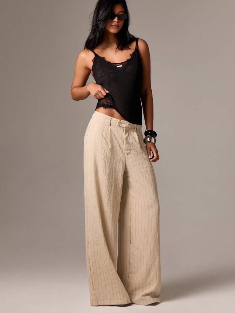 Pleated Wide Leg Linen Trousers With Pin Stripes