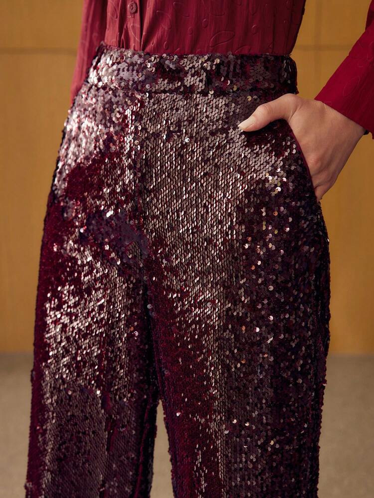 CONTRAST SEQUIN STRAIGHT LEG SUIT PANTS