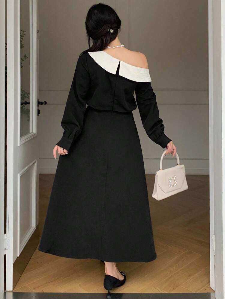 Women's Autumn Color Block Asymmetric Collar Mid-Length Dress