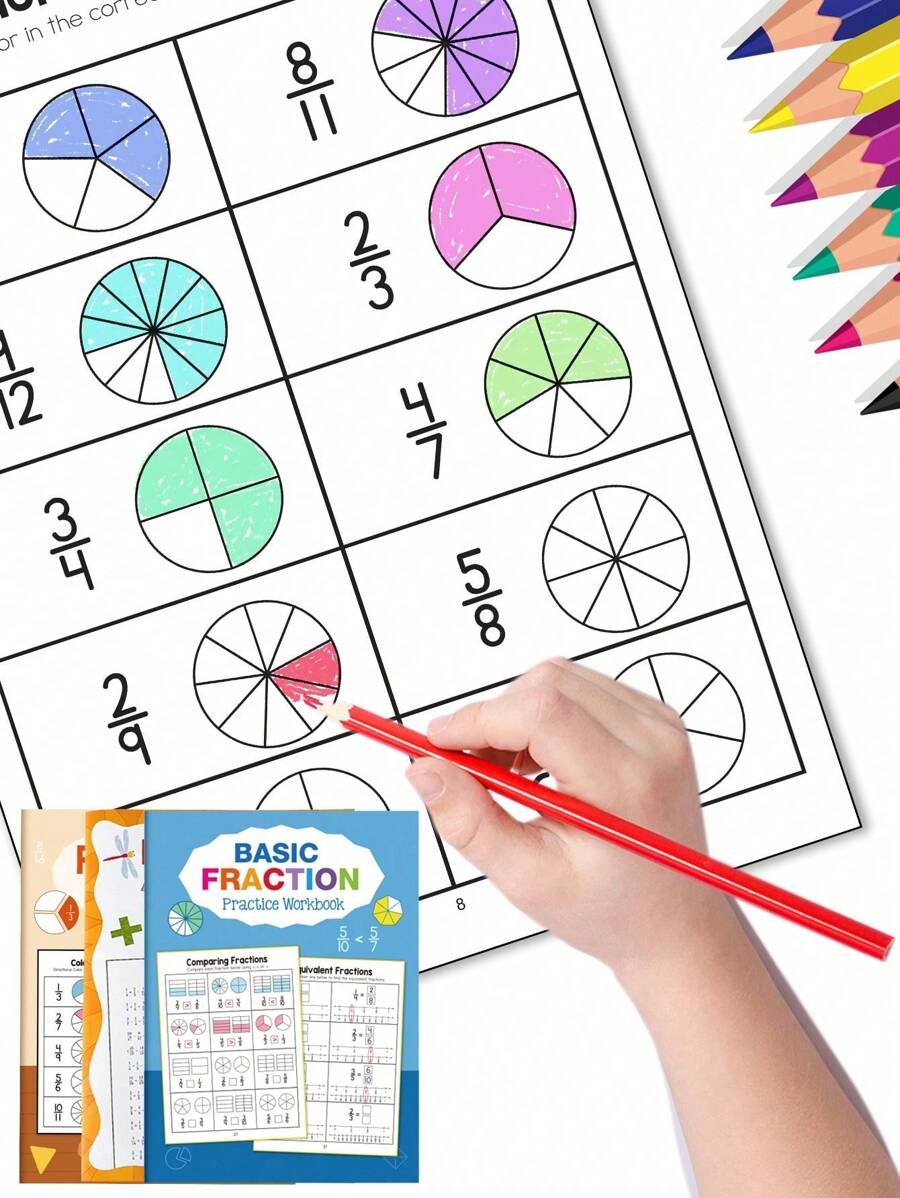 1本儿童基础分数练习册，学龄前儿童以有趣的方式由浅入深学习分数。分数墙、分数图、分数轴、分数大小比较、各种分数形式的理解、分数加减练习，是一本非常好的儿童数学学习工具书。