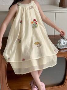Dazy Kids 少女圆领刺绣花卉优雅中长款派对连衣裙 - 杏色 - 查看 5