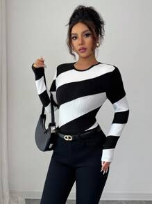 Elenzga Autumn/Winter Brushed Ribbed Splice Contrast Color Tight Long Sleeve T-Shirt Fall Cloth For Women - Black and White - View 5