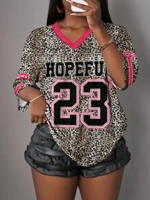 Slaydiva 女士休闲街头风格简约字母数字图案T恤，适合夏季，网眼面料，适合运动，街头风格，豹纹，蝴蝶结印花