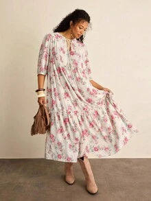 SHEIN VCAY 大码花卉印花休闲度假连衣裙 - 彩色 - 查看 3