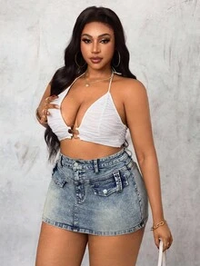 SHEIN Unity Plus Size Denim Sexy Hollow Waist Mini Skirt - Blue - View 3