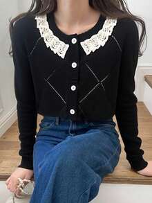 FRIFUL Women's Lace Embellished Color Block Long Sleeve Cardigan - Black - View 1