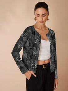 Shutterstock Glamance Jaqueta Casual Minimalista Feminina, Adequada para Verão, Cardigã Estampado, Cardigã Geométrico, Cardigã Leve, Cardigã Feminino, Cardigã Preto, Cardigã Estampa Geométrica - Preto e Branco - Visão 8