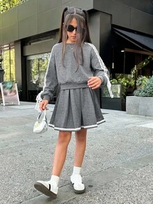 2pcs Tween Girls Knit Sweatshirt With Bowknot & Pleated Skirt Set, Cute Casual Daily Versatile Fashion Back To School Outfit, Autumn/Winter New Arrival - Grey - View 5
