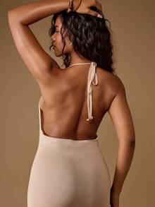 MISSGUIDED Robe longue en maille, robe de soirée de mariage dos nu fourreau, robe de soirée longue sans manches pour invité de mariage - Kaki - Voir 4
