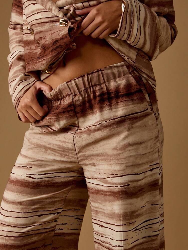 MISSGUIDED Watercolor Print Wide Leg Palazzo Pants Casual Resort Wear Elastic Waist Flowing Summer Beach Vacation Brown Earth Tones Lounge Evening Wear