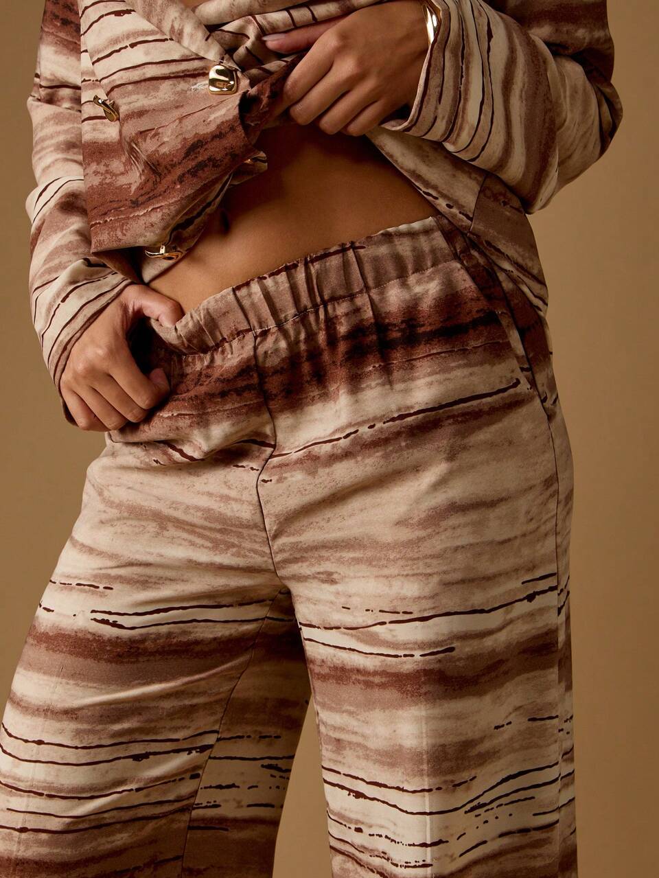 MISSGUIDED Watercolor Print Wide Leg Palazzo Pants Casual Resort Wear Elastic Waist Flowing Summer Beach Vacation Brown Earth Tones Lounge Evening Wear