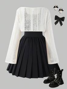 Sparklyn 2pcs/Set Teenage Girls' Fashion Casual & Chic Outfit, Knitted Mesh Loose Crop Top + Black Fitted Pleated Mini Skirt Set Fall Winter