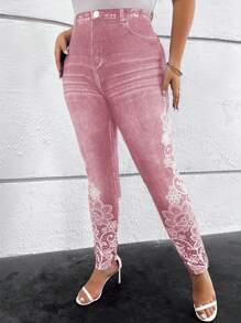 SHEIN Clasi 大码休闲花卉印花紧身牛仔裤 - 粉色 - 查看 4