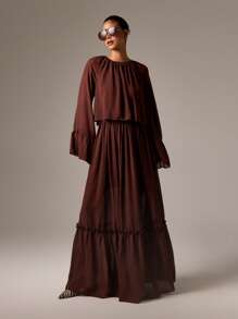 AiiRZ Elegant Long Sleeve Chiffon Maxi Dress Bohemian Style Flowing Ruffle Detail Tiered Evening Dress Wedding Guest Fall Winter Modest Full Length Gown Holiday Party - Brown - View 5