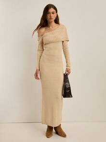 Nöista 优雅通勤纯色不对称领长款针织连衣裙，秋冬 - 杏色 - 查看 2