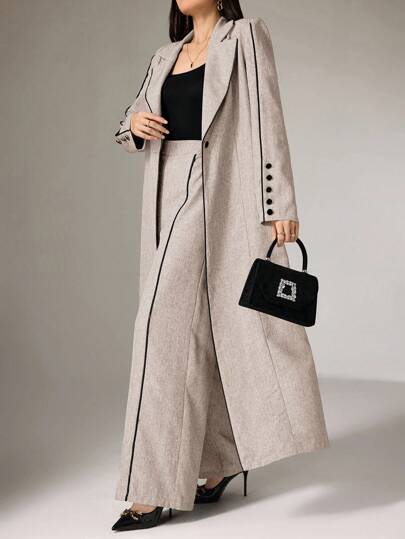 Heiryn 女式撞色滚边前扣休闲阿拉伯长袖阿巴亚长袍套装，含裤子，优雅开襟阿巴亚长袍套装，适合日常休闲/工作，端庄