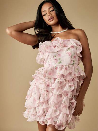 MISSGUIDED Floral Ruffle Mini Dress Bandeau Strapless Party Wedding Guest Spring Summer Sweet Tea Party Garden Formal Shower,S