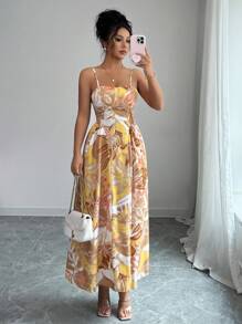 Elenzga 女式优雅休闲紧身胸衣肩带腰部褶饰花卉长裙 - 咖啡 - 查看 4