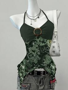SHEIN EZwear 女式休闲复古花卉印花网眼吊带背心，适合夏季 - 墨綠色 - 查看 3