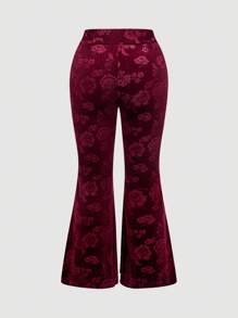 SHEIN MOD 加大码高腰天鹅绒压花提花松紧腰喇叭裤，加大码天鹅绒喇叭裤 - 酒紅色 - 查看 6