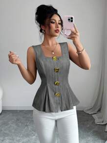 Elenzga Summer New Arrival French Elegant Fashion Big Metal Button Backless Tie Sleeveless Solid Color Blouse For Women - Dark Grey - View 4