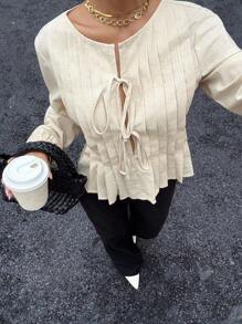 Siren Gaze 女士褶皱圆领系带长袖衬衫 - 杏色 - 查看 6