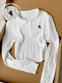 Comfortcana Women's Embroidered Decor White Long Sleeve Sweater,Fall Women Clothes,Back To School,Business Casual Woman,Teacher Outfits For Women,Going Out Tops Women - White - View 3