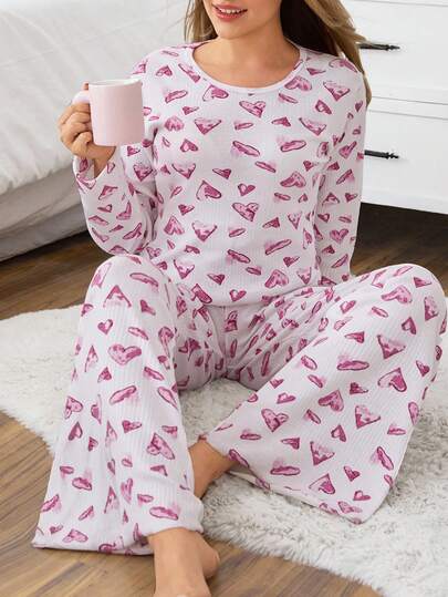 EURMUSE Cotton PLUS CURVE Women Contrast Colour Heart Pattern Rib Knit Long Sleeve Shirt&Pants Homewear Pajama Lounge Set For Ladies