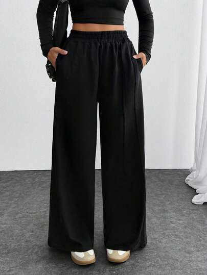 EURMUSE Woman Solid Color Wide Leg Pockets Relax Fit Casual Weekend Going Outfit Lady Bottom Pants Sweatpants Jogger