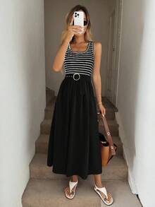 Easowa Váy không tay kẻ sọc Colorblock dành cho nữ - màu đen - Xem 4