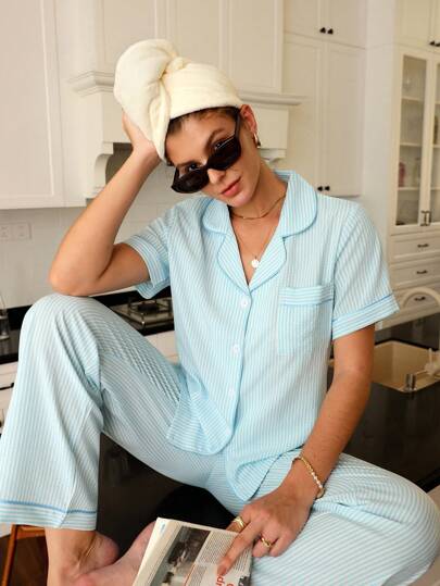 SHEIN Casual Long Pajama Pant Set For Women With Short Sleeves And Classic Stripe Design Button Down Pajama Set Summer Sleepwear Women Light Blue Pajamas Women Blue Striped Pajama Set Women Striped Pajamas