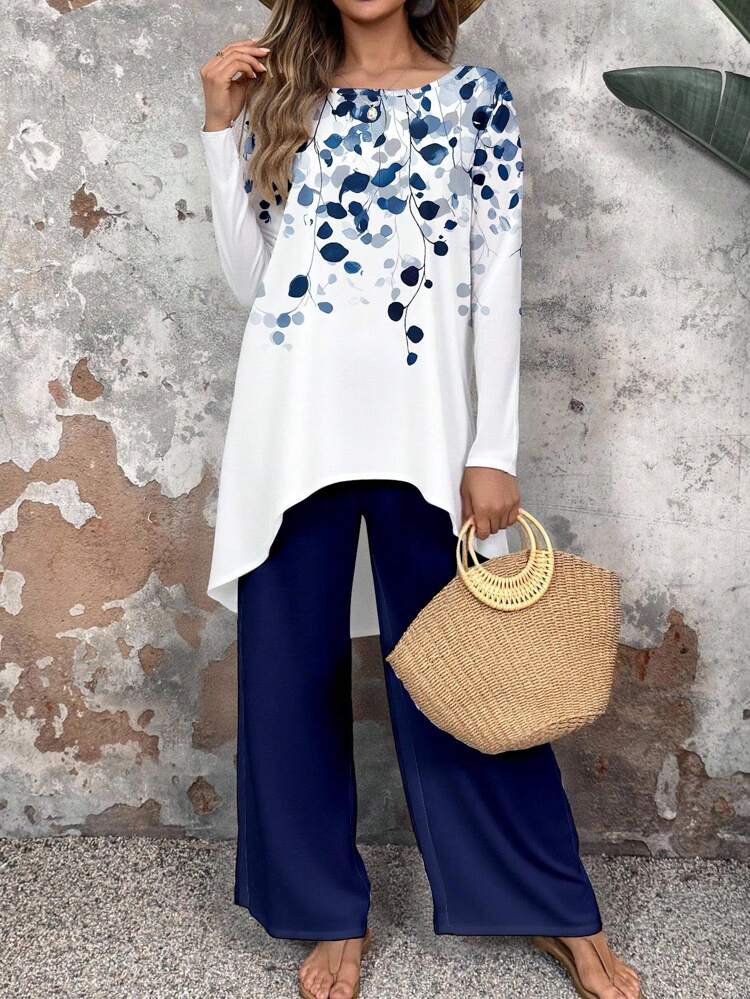 Women Long Sleeve Multicolor Two Pieces Outfit With Printed Top And Flowing Wide-Leg Pants Plus Size Pants Set Blouse And Pants Set 2pcs Set Women Plus Women Plus Clothing 2 Pieces Modest Sets For Women Fall Clothes,Casual