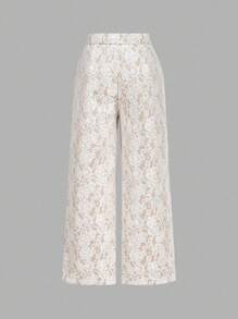 SHEIN MOD Plus Size 2 Pieces Set : White Lace Patchwork Apricot Vest And Long Pants, Elegant For Commuting And Everyday Wear,Teacher Outfits For Women,Back To School Clothes - Apricot - View 11