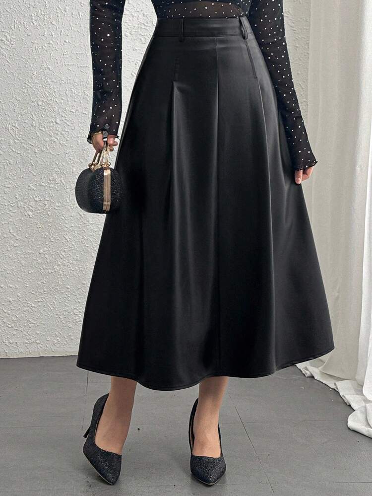 Women's Solid Color A-Line Skirt, Autumn Winter Women Skirts Leather Skirts