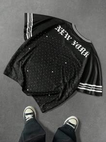 PAVTROS Manfinity Streetrush 男士夏季休闲水钻数字印花短袖 T 恤男士 Y2k 服装黑色 Y2k 衬衫男士水钻衬衫男士图案 T 恤男士黑色短款上衣、嘻哈街头、男友礼物、街头潮流男士 - 彩色 - 查看 3