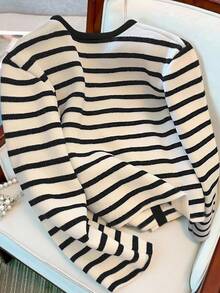 Franclia 女士秋冬畅销款金属扣装饰条纹圆领长袖针织开衫 - 彩色 - 查看 2