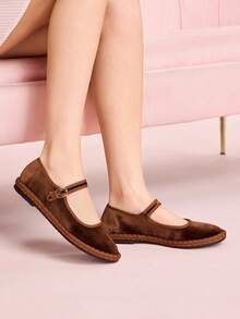 CUCCOO DOLLMOD Giày bệt Mary Jane nhung cổ điển thanh lịch màu cam sang trọng dành cho nữ - Màu nâu  Mocha - Xem 4