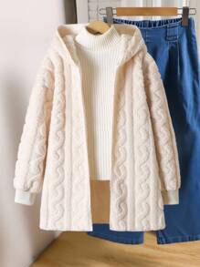 Sparklyn 青少年女孩休闲百搭百搭家居服和学校日常粗针织条纹毛绒领前开中长款秋冬夹克秋季 - 杏色 - 查看 4