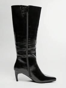 SHUZIA Y2K Women's Perfectly Pointed Toe, Vintage-Inspired Seaming & Side Zipper Premium Oil-Finished PU Black Kitten Heel Tall Boots–Elegant, Chic & Easy To Wear For Christmas - Black - View 5