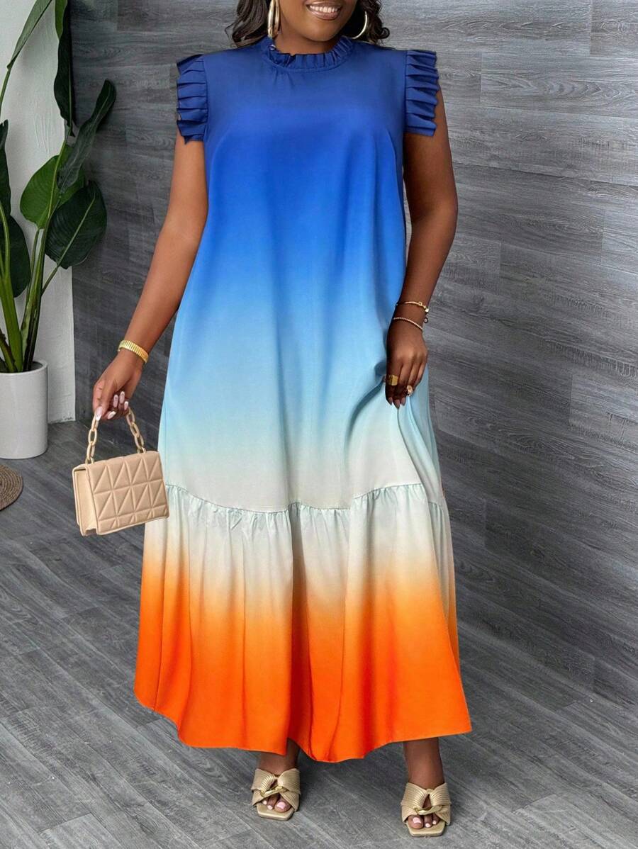 Slaydiva 加大度假日常休闲日常出游宽松渐变印花无袖荷叶边拼接立领女装加大码特长连衣裙2025春夏 - 彩色 - 查看 1