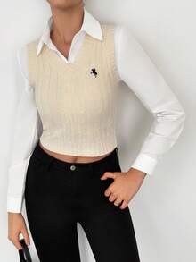 SHEIN Tall Women's Casual Fall Winter Cable Knit Sweater Vest Sweater Vest For Women Preppy Vest Cable Knit Vest,Tops For School In Fall/Winter