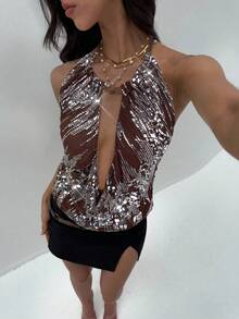 Aloruh Women's Sequin Design Hollow-Out Sexy Halter Neck Camisole - Brown - View 6